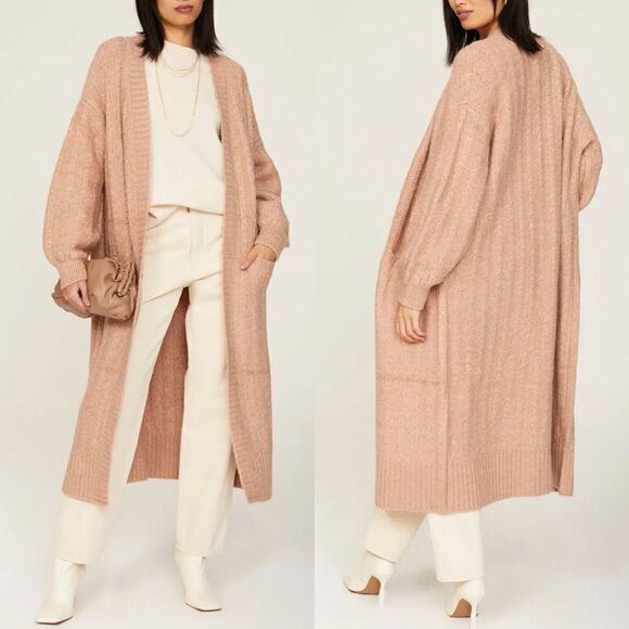 LOVE WHIT Cardigan Women Small Brown Cable-Knit Duster Sweater Pockets Oversized - Picture 2 of 9